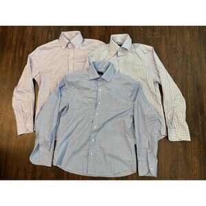 Proper Cloth 3 - Shirt Mens XS Slim Pink Blue Plaid Cut Away Collar Long Sleeve